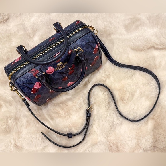 Coach Rowan Satchel Bag Crossbody Signature Canvas Cherry Print Denim - Picture 3 of 5